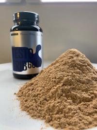 a pile of powder next to a jar of protein powder
