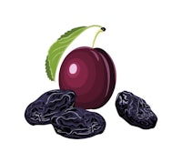 a black plum with a leaf on a white background