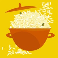 a bowl of rice on a yellow background