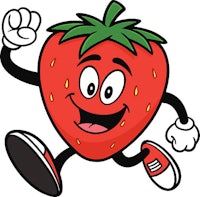 a cartoon strawberry running with a smile on his face